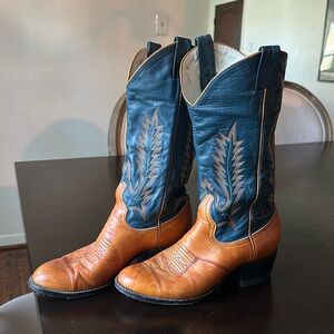 Larry Mahan Orange Blue Heeled Round Toe Cowboy Boots